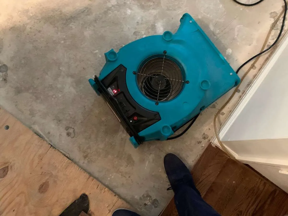 Air mover drying subfloor during Commercial Water Damage Restoration in Scappoose